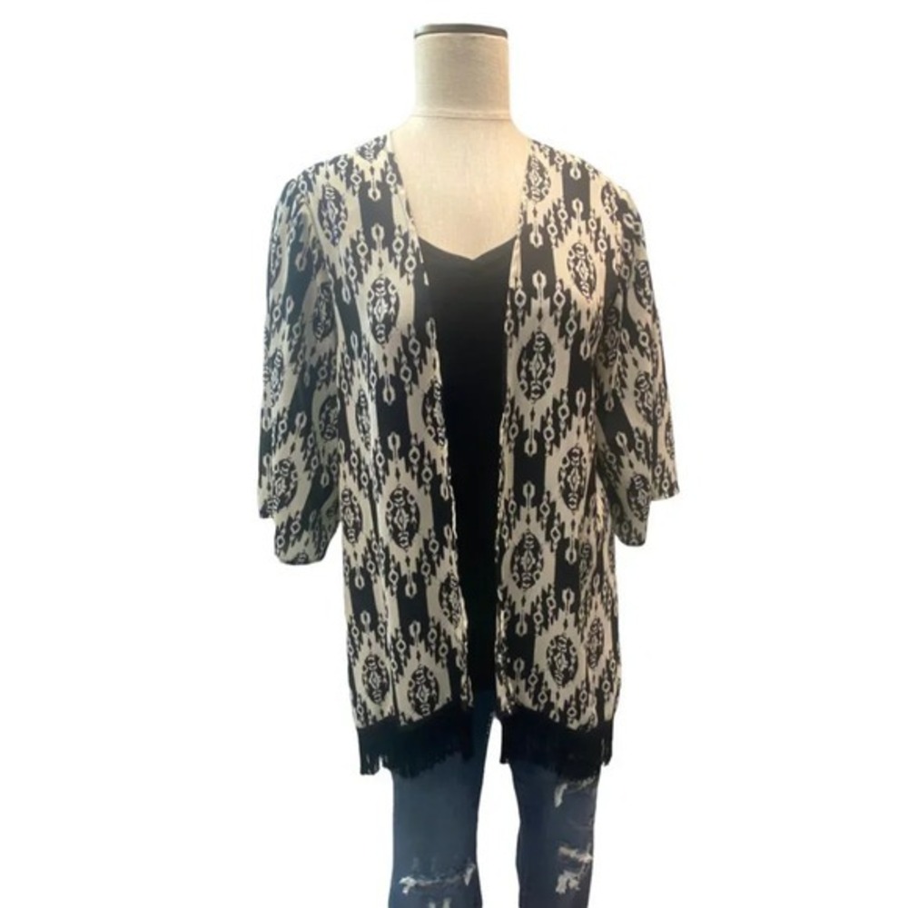 Studio Y Black and White Open Front Cardigan with Fringe
